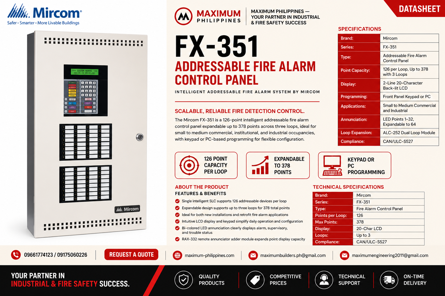 Mircom FX-351 Addressable Fire Alarm Control Panel Brochure